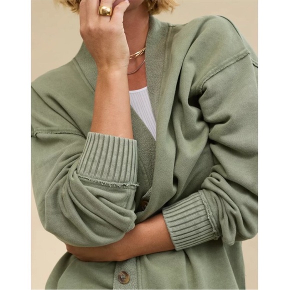 NWT Aerie Fleece Button Cardigan Sweatshirt Olive Fun Green Casual Oversized 17 - Picture 2 of 7